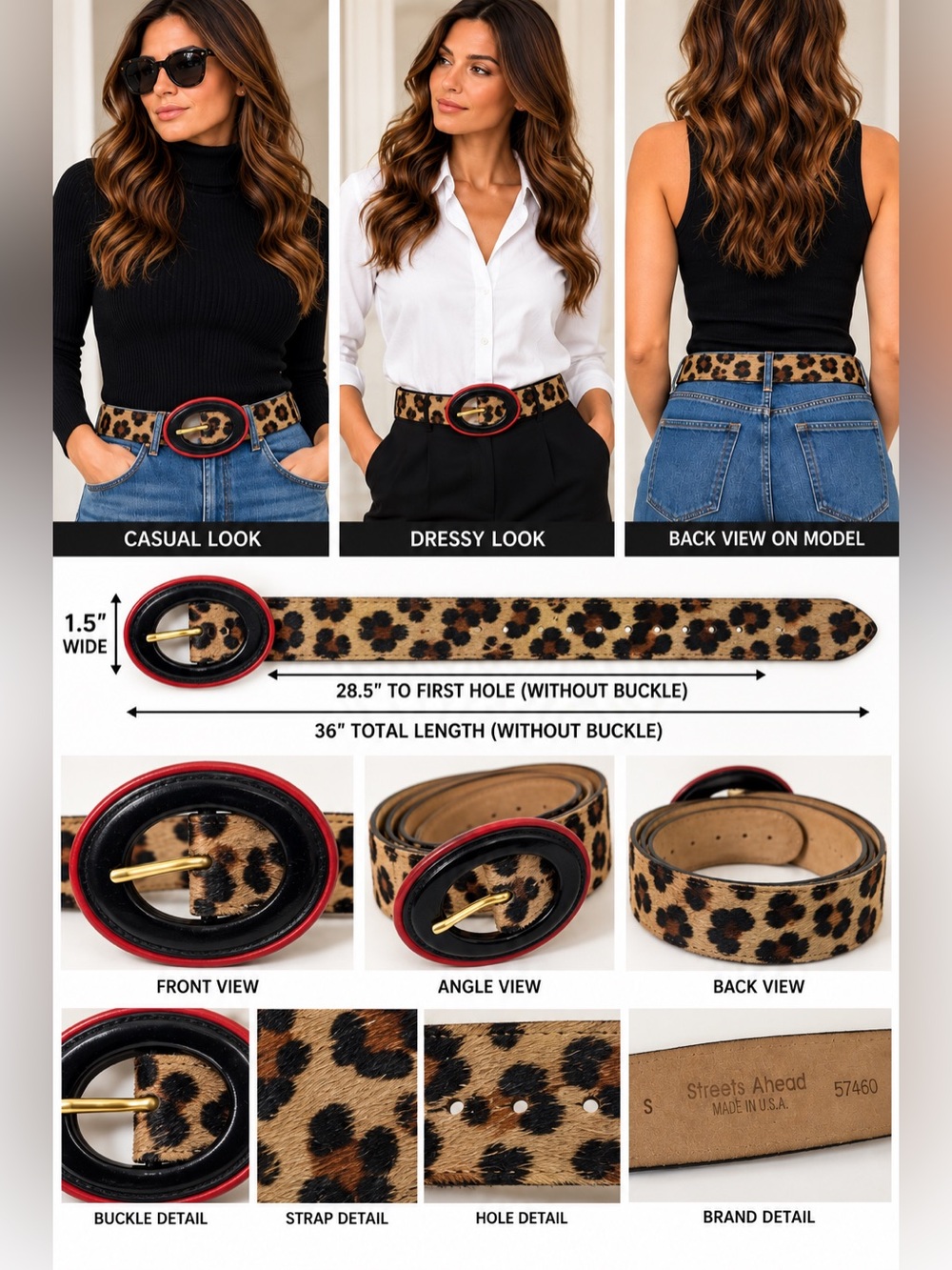 Streets Ahead Leopard Hair-On Hide Leather Belt Womenโs Small Made in USA